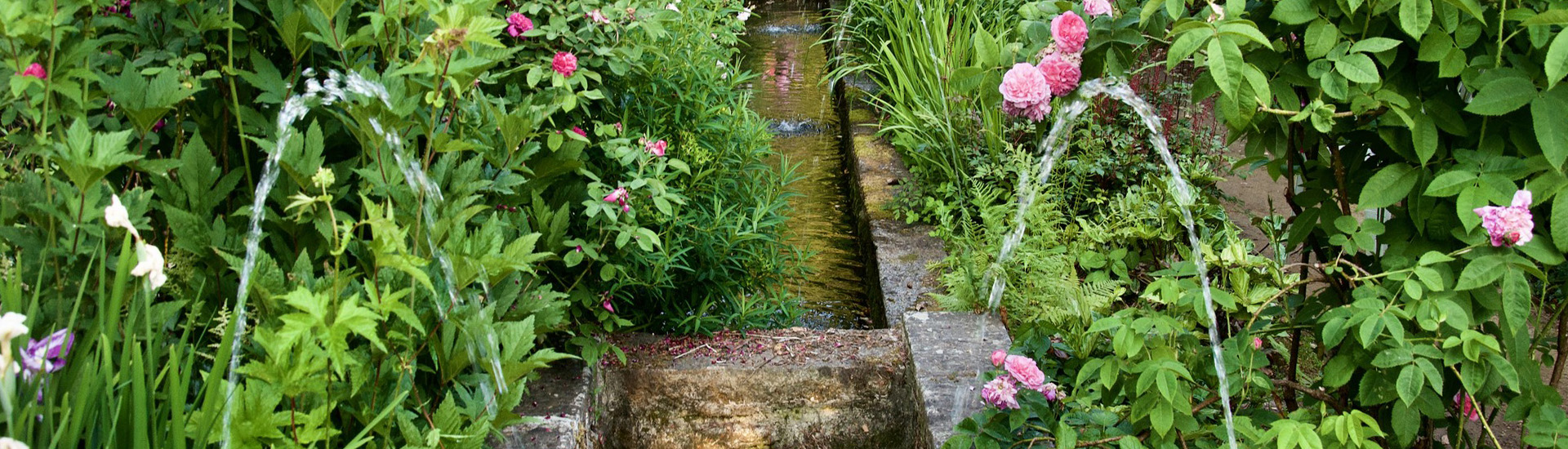 Une vue des bassins et fontaines du jardin d'inspiration oriental.